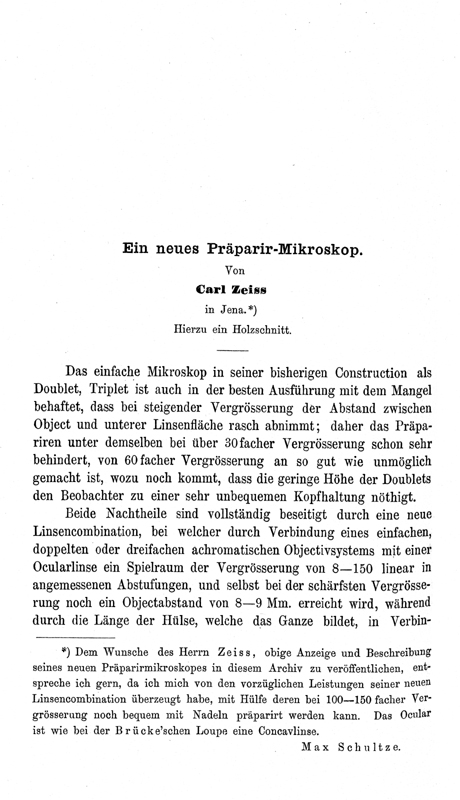 Carl Zeiss: Ein neues Präparir-Mikroskop. Archiv für Mikroskopische Anatomie; VI, 1870, 234-236